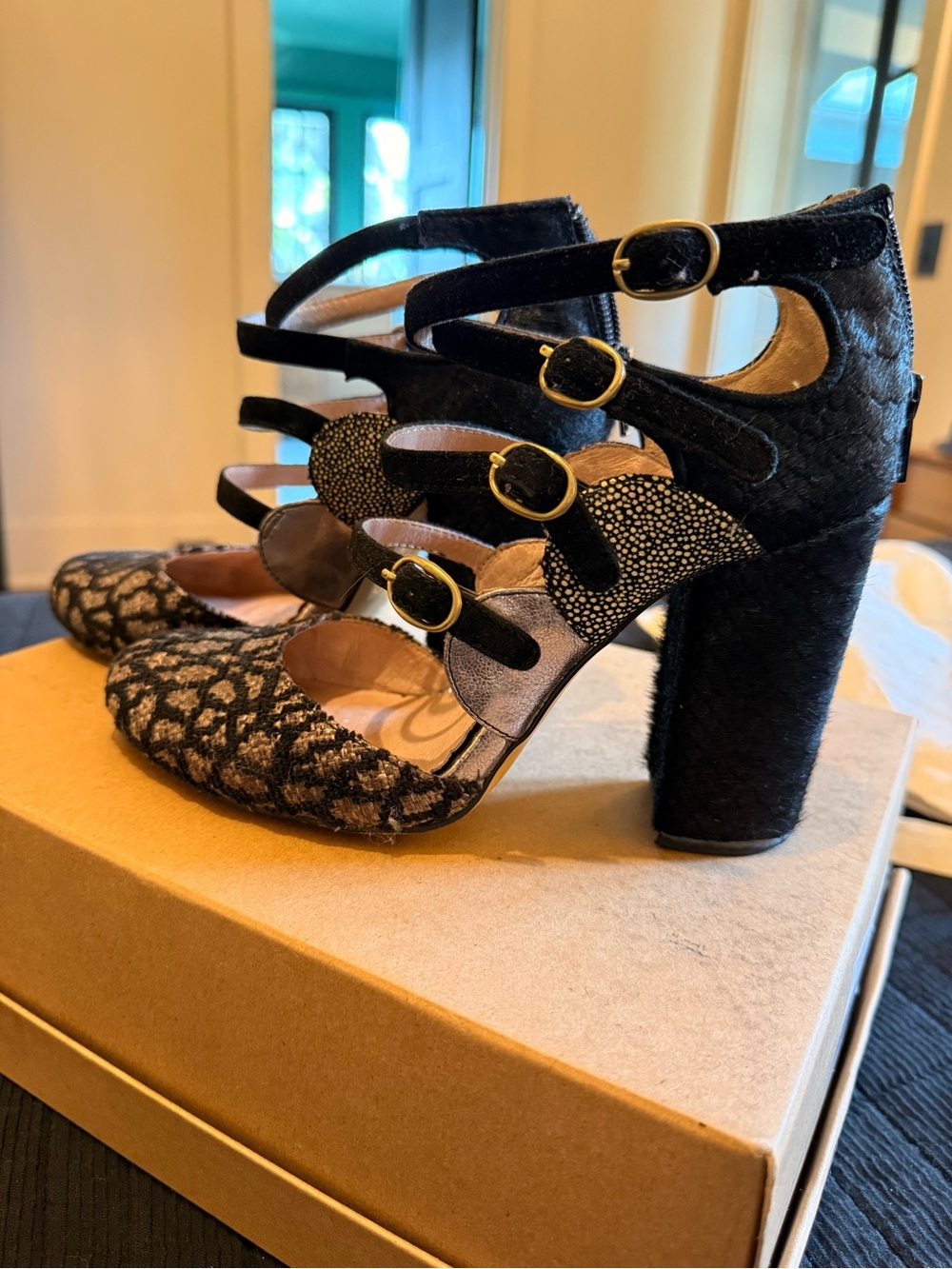 Anthropologie Miss Albright Mixed Media Multi-Strap Heels